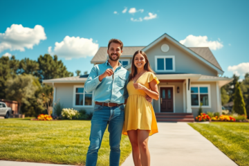 Ein glückliches Paar, das vor ihrem neuen Zuhause steht, dank eines einfachen Immobilienkredits.