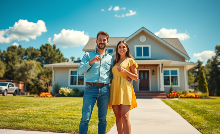 Ein glückliches Paar, das vor ihrem neuen Zuhause steht, dank eines einfachen Immobilienkredits.